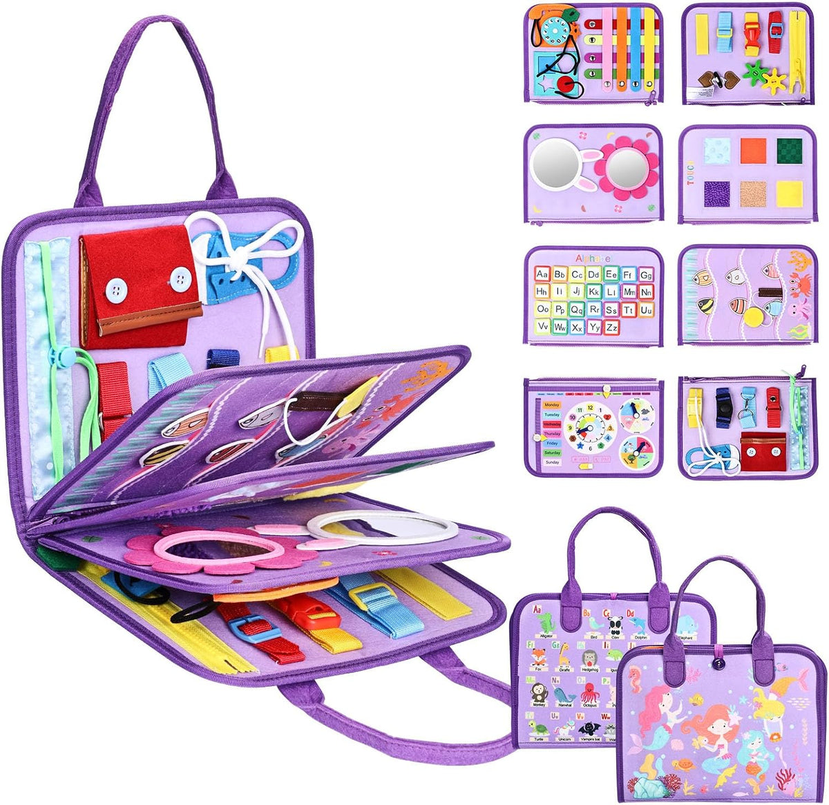 Juguetes Montessori de tablero ocupado, regalos de cumpleaños para niñas, juguete sensorial de viaje para autismo, libro de actividades educativas, aprendizaje preescolar, juguetes de habilidades motoras finas, morado