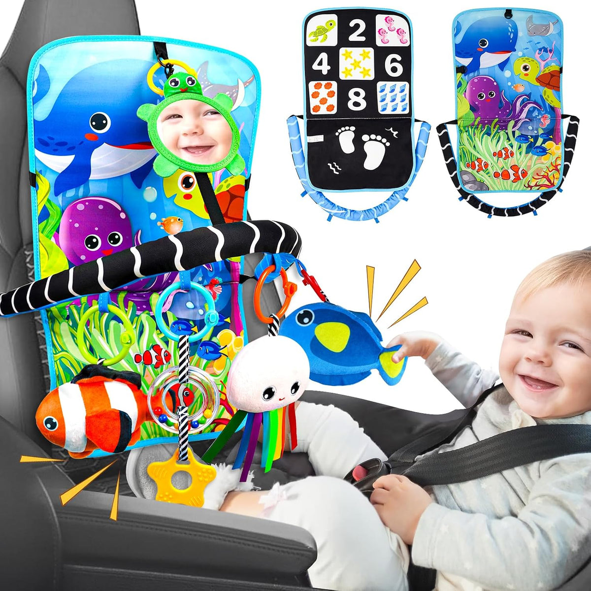 Asiento de coche para bebé, juguetes de animales del océano, juguete de doble cara para asiento de automóvil infantil con juguetes de peluche, espejo, mordedor para actividades de viaje de bebé, regalos de cumpleaños de Navidad, juguete para recién