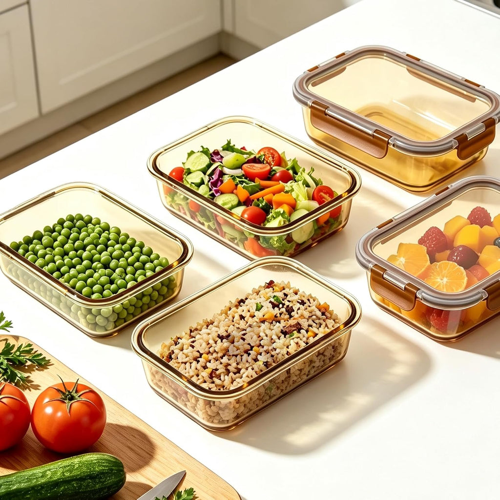 Paquete de 10 Recipientes de Vidrio para Alimentos, Tapas Herméticas, Apto para Microondas - Marrón