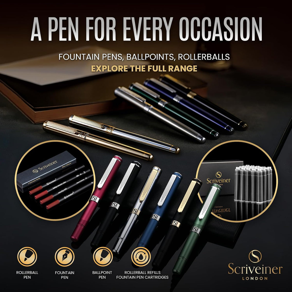 Scriveiner – Bolígrafo roller azul medianoche, con lacado azul y acabado cromado, repuesto de tinta Schmidt, para hombres y mujeres, para profesionales y oficinas ejecutivas