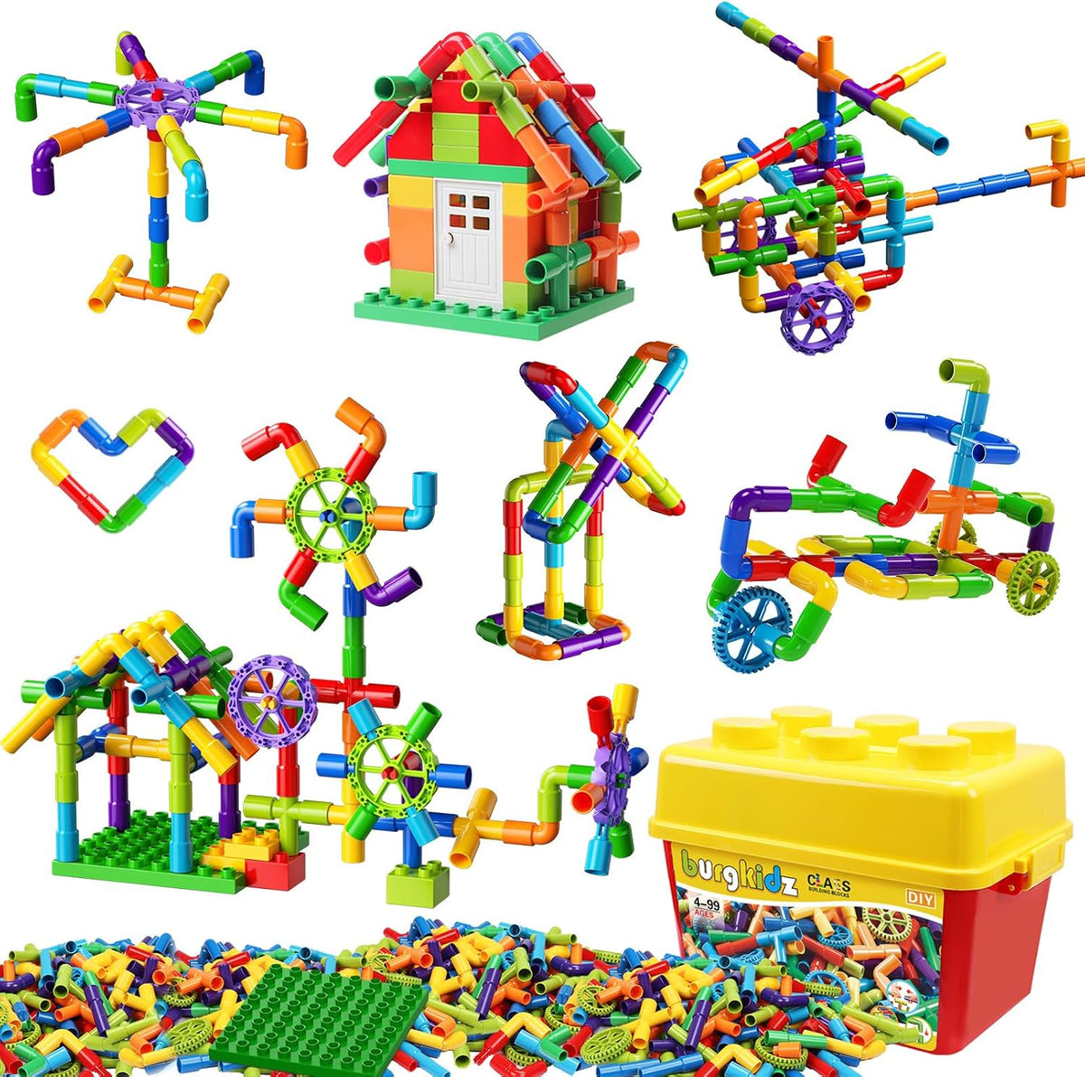 burgkidz Juego de construcción de tubos STEM: 188 piezas de coches de