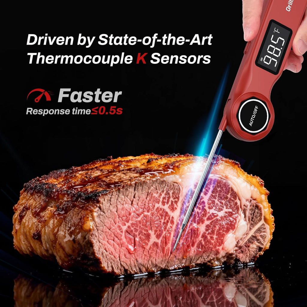 Termómetro digital recargable para carne, GrillBliss USB-C recargable con lectura rápida de 0.5 segundos y precisión de ± 0.5 ℉, pantalla LCD VA, termómetro de cocina para barbacoa