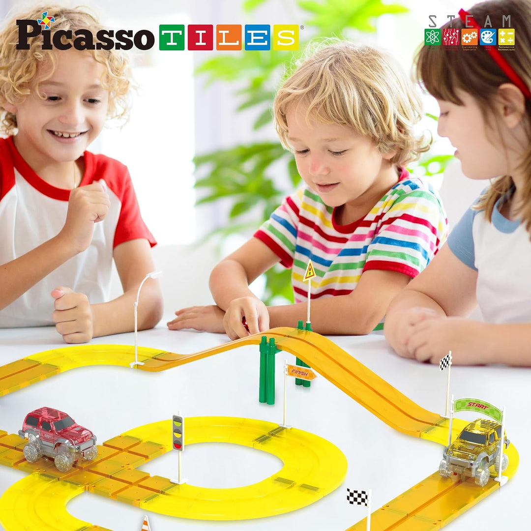 PicassoTiles Kit de Pista de Carrera Compatible con Ladrillos Magné...