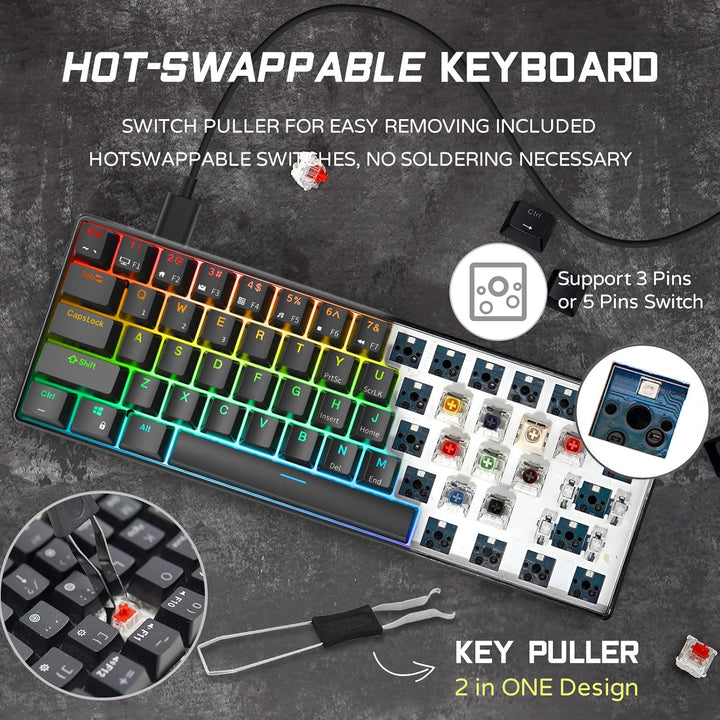 RK ROYAL KLUDGE RK61 Teclado mecánico con cable 60% para juegos pro...