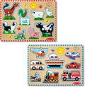 Melissa & Doug Rompecabezas de madera con sonido activado por luz, paquete de 2 unidades para niños y niñas preescolares - Animales de granja, vehículos