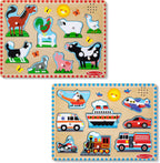 Melissa & Doug Rompecabezas de madera con sonido activado por luz, paquete de 2 unidades para niños y niñas preescolares - Animales de granja, vehículos
