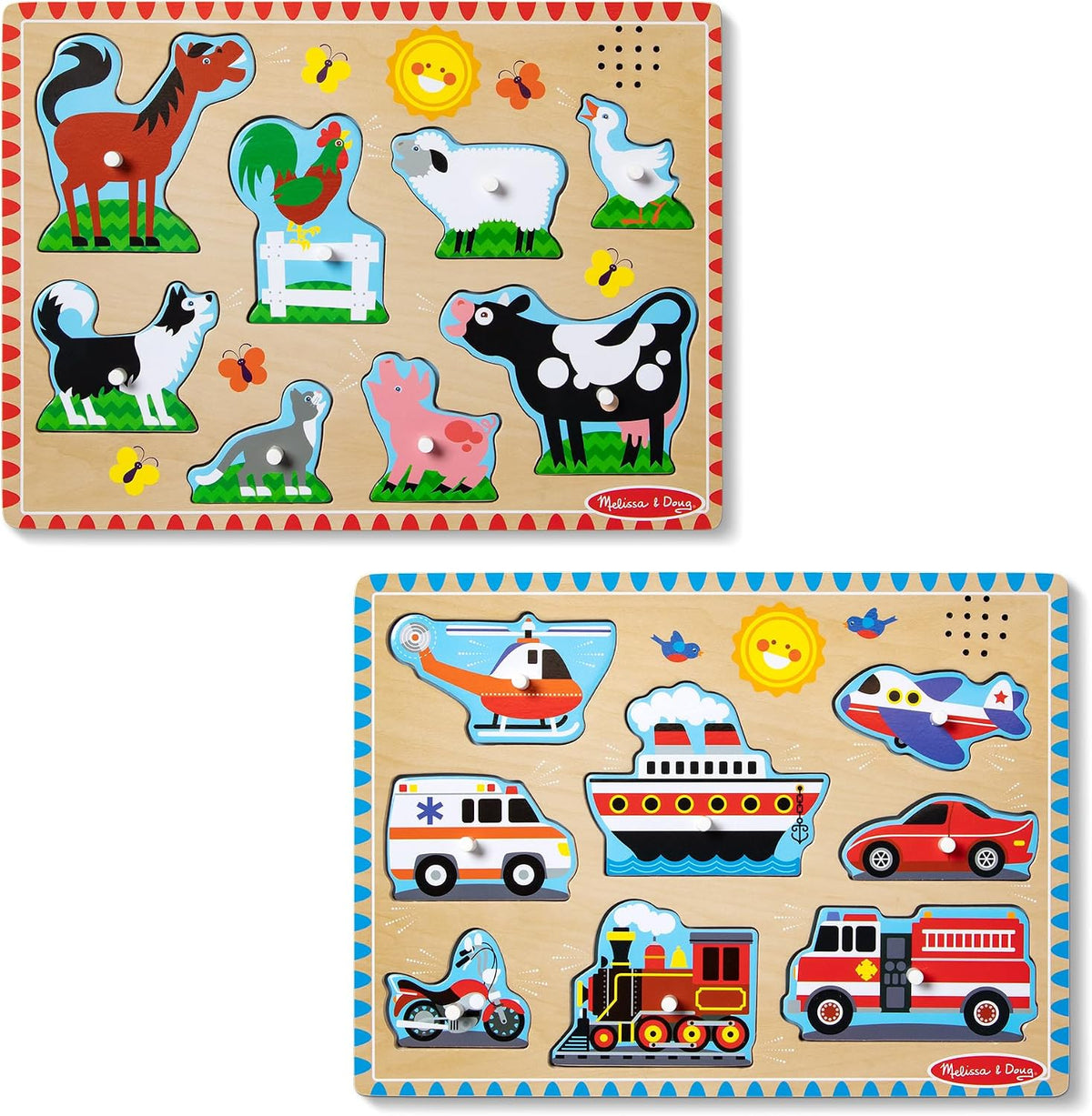 Melissa & Doug Rompecabezas de madera con sonido activado por luz, paquete de 2 unidades para niños y niñas preescolares - Animales de granja, vehículos