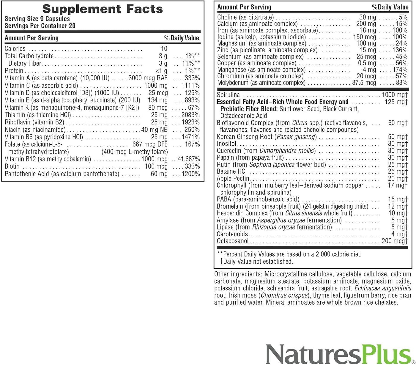 NaturesPlus Source of Life - 180 cápsulas - Suplemento multivitamín...