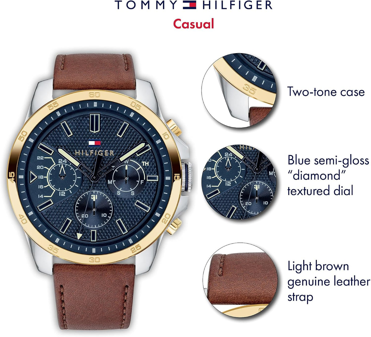 Reloj analógico multifunción Tommy Hilfiger para hombre con correa de silicona, acero inoxidable o cuero, subesferas de día y fecha, resistente al agua 5ATM