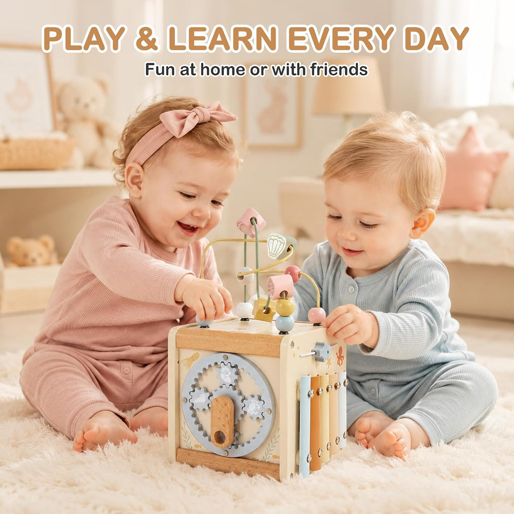 Cubo de actividades de madera, juguete Montessori 6 en 1 para niños