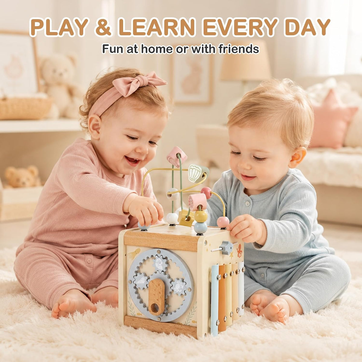 Cubo de actividades de madera, juguete Montessori 6 en 1 para niños
