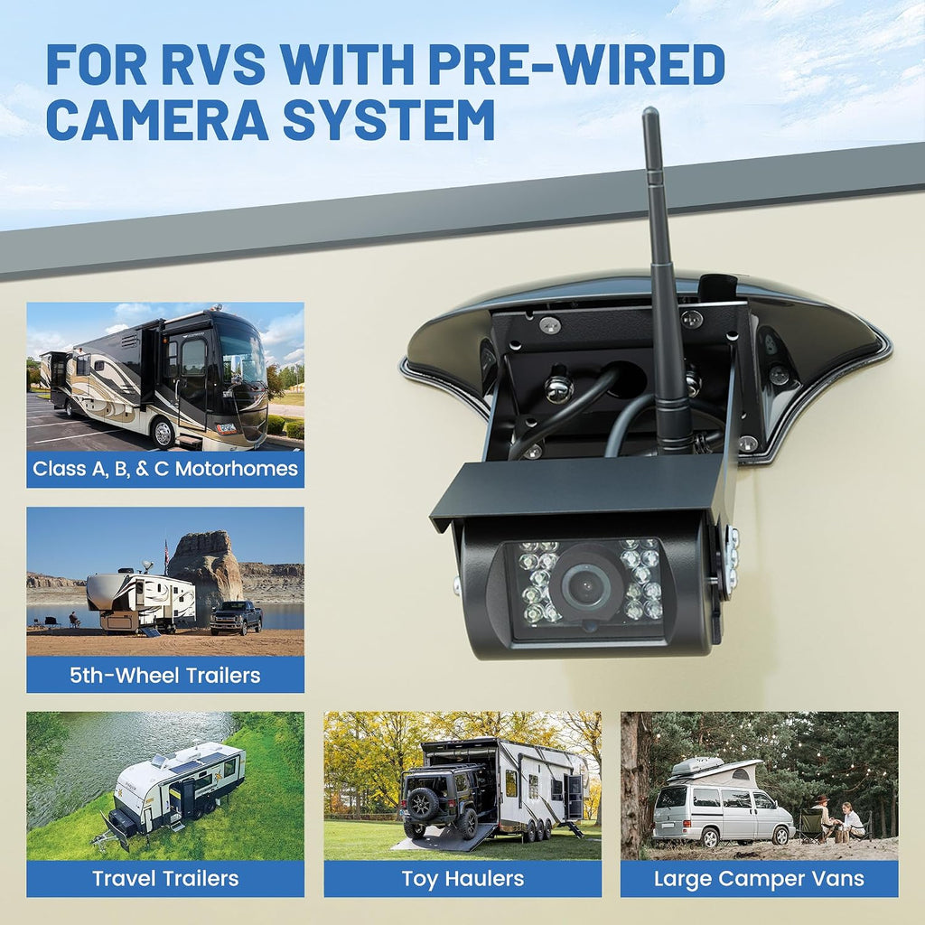 EWAY Cámara de respaldo inalámbrica RV para Furrion Sistema precableado: Monitor IPS de 5 pulgadas y cámara de respaldo de 1080P flexible Vista trasera impermeable con visión nocturna IR, fácil