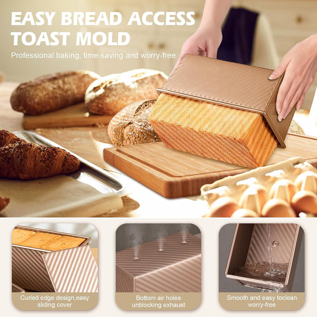 Pullman - Molde para pan con tapa, paquete de 2 unidades de 2.2 libras y 1 libra de capacidad de masa, sartén antiadherente de acero al carbono para pan sándwich y panes de masa madre, molde cuadrado para tostadas con herramientas para hornear, embalaje