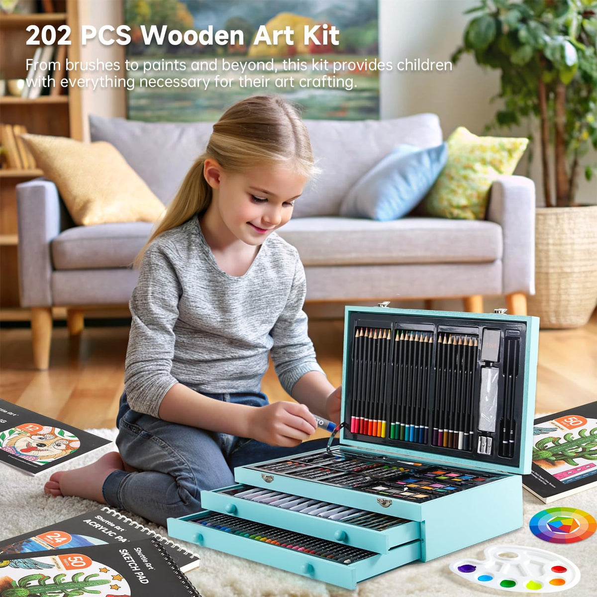 Shuttle Art Kit de arte de regalo de lujo, juego de 202 piezas de suministros de arte de madera con 4 almohadillas de dibujo, lienzos, hojas para colorear, pintura acrílica, crayones y pasteles al óleo, lápices de colores para niños