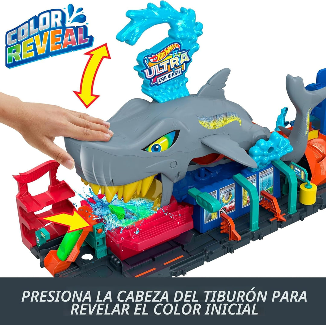 Hot Wheels Juego de pistas de ciudad, lavado de autos Ultra Shark c...