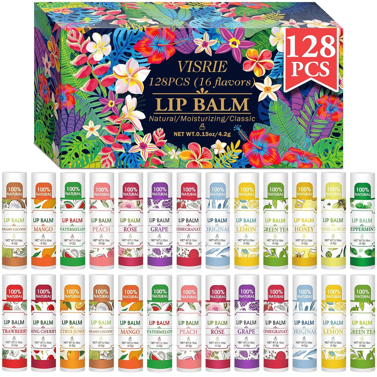 VISRIE Paquete de 128 bálsamos labiales, bálsamo labial natural a g...