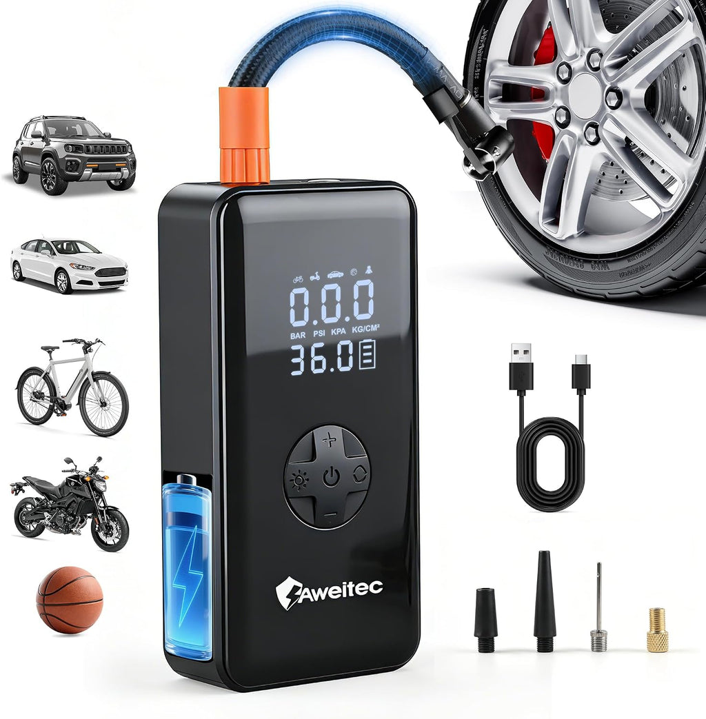 Inflador de neumáticos inalámbrico: compresor de aire portátil con pantalla digital, batería de 4500 mAh, 150 PSI máximo, inflado rápido de 32 L/min, luz LED 3 en 1 (SOS/Flash), carga USB-C