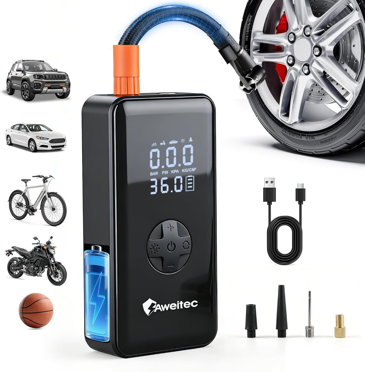 Inflador de neumáticos inalámbrico: compresor de aire portátil con pantalla digital, batería de 4500 mAh, 150 PSI máximo, inflado rápido de 32 L/min, luz LED 3 en 1 (SOS/Flash), carga USB-C