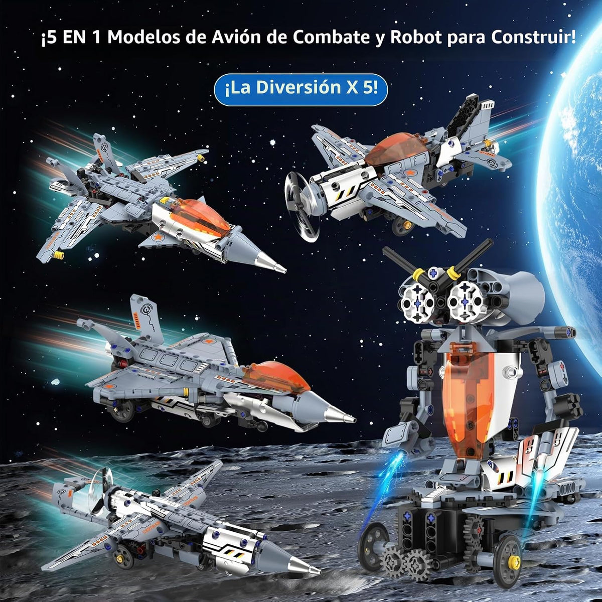 Kit de construcción de robot STEM RC 5 en 1, juego de construcción de aviones Fighter Jet con aplicación y control remoto de 2.4 GHz, juguetes de avión de combate transformables técnicos para niños de 6 7 8 9 10 11 12 + regalos de cumpleaños
