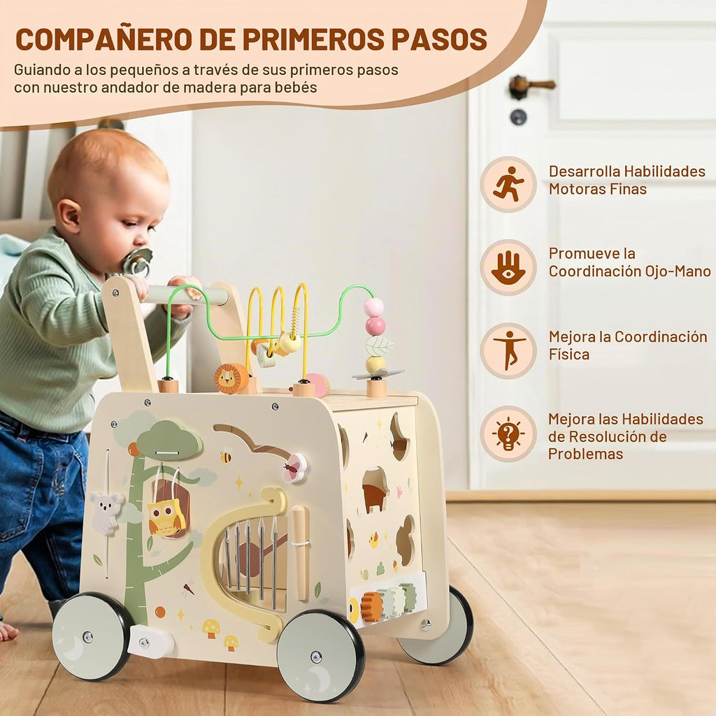Andador de Actividad de Madera con Cubo, Andador de Madera para Bebés, Juguetes de Empuje Montessori para Bebés que Aprenden a Caminar y a Sentarse y Pararse