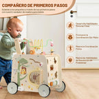 Andador de Actividad de Madera con Cubo, Andador de Madera para Bebés, Juguetes de Empuje Montessori para Bebés que Aprenden a Caminar y a Sentarse y Pararse