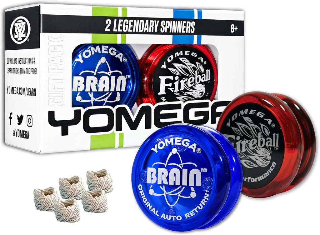 Yomega 2 Spinners Legendarios El Yo-Yo Original con Brain y Yo-Yo Transaxle Fireball para Juego de Trucos con Cuerda de Todos los Niveles + 5 Cuerdas Adicionales (Fireball Rojo/Negro-Brain Azul)