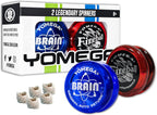 Yomega 2 Spinners Legendarios El Yo-Yo Original con Brain y Yo-Yo Transaxle Fireball para Juego de Trucos con Cuerda de Todos los Niveles + 5 Cuerdas Adicionales (Fireball Rojo/Negro-Brain Azul)