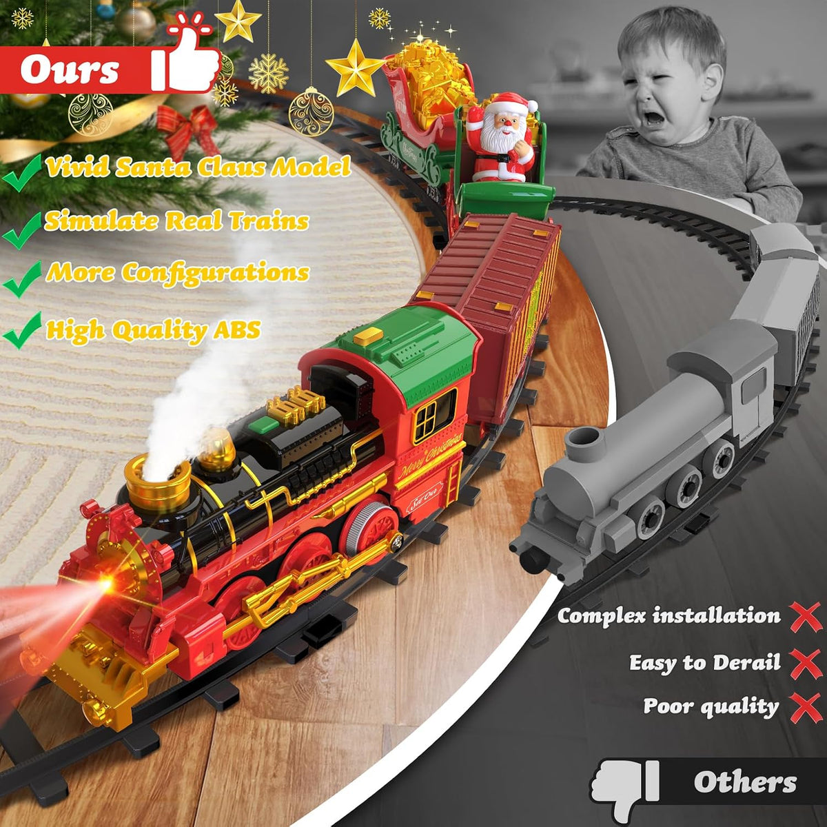 Juego de tren de Navidad colgante con luz/humo/sonido/música, juego de tren de juguete alrededor debajo del árbol de Navidad, regalo de juguetes de Navidad con Papá Noel, juego de tren de árbol de Navidad para niños de 3-5, 4-8