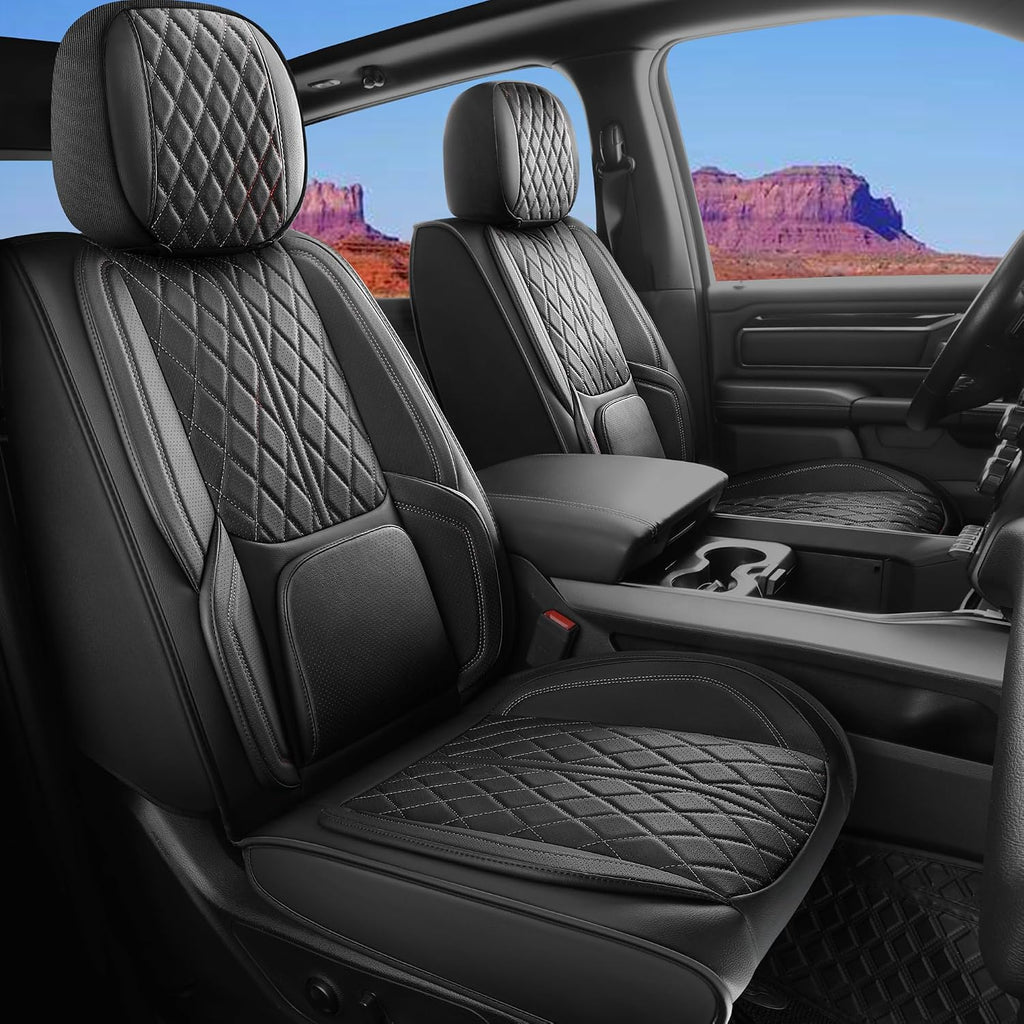 Funda de asiento de automóvil ajuste personalizado para Dodge Ram 1500 2500 3500 2002-2026 juego de fundas de asiento de piel sintética compatible con cojines de cabina regular Crew Quad para camioneta (negro, asiento delantero)