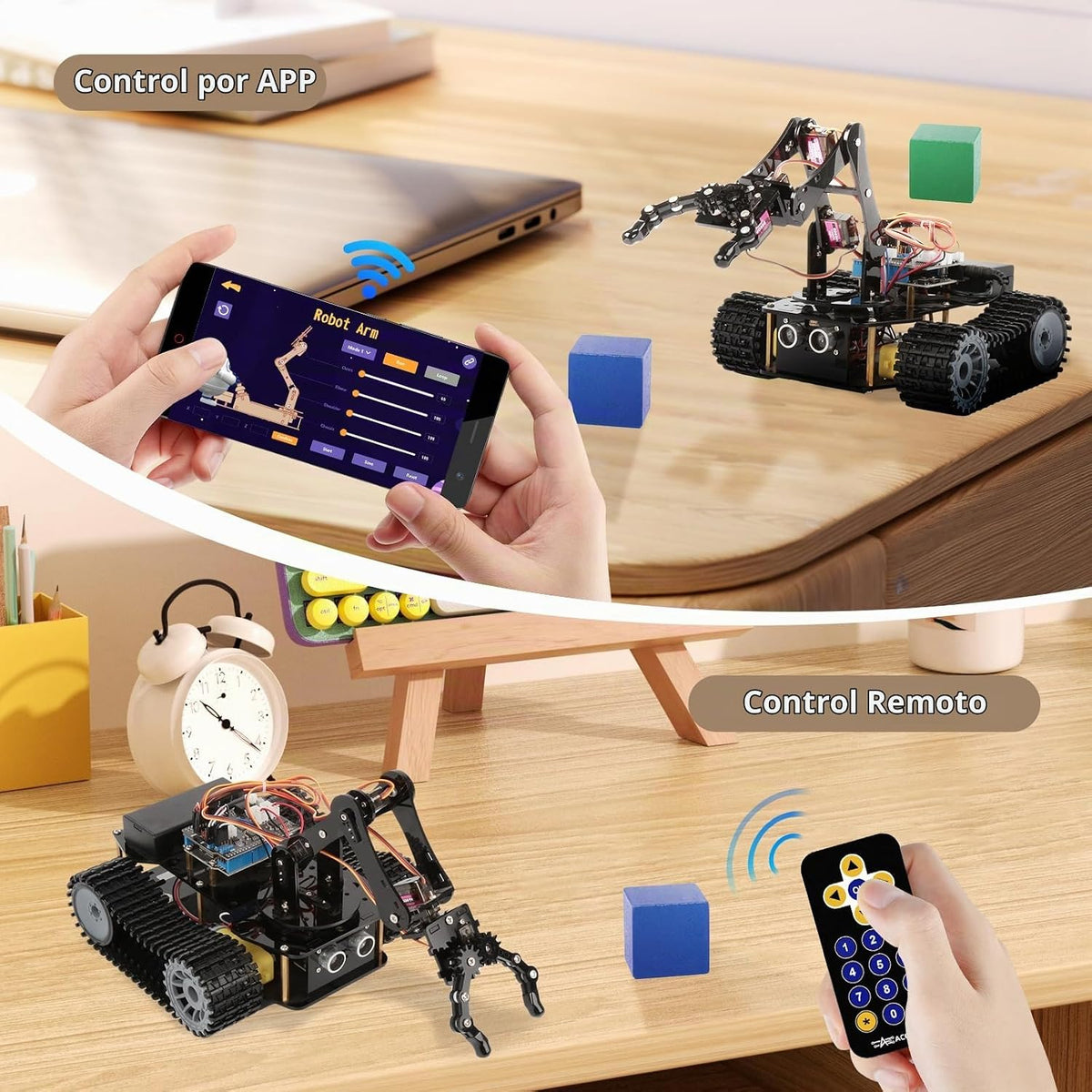 Robótica para niños de 12 a 16 años, brazo robot inteligente ACEBOTT 4 en 1 con 5DOF + auto tanque, kit de codificación de juguetes STEM compatible con Arduino y Scratch, aplicación y control remoto, para niños y adolescentes