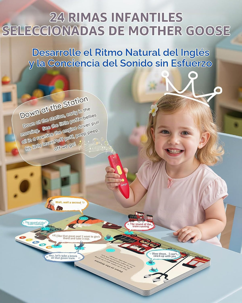 KOKODI Juego de libros con lápiz parlante, rimas infantiles interactivas de audio con lápiz de aprendizaje, juguete sensorial educativo, regalo de aprendizaje temprano para niños pequeños, regalos de