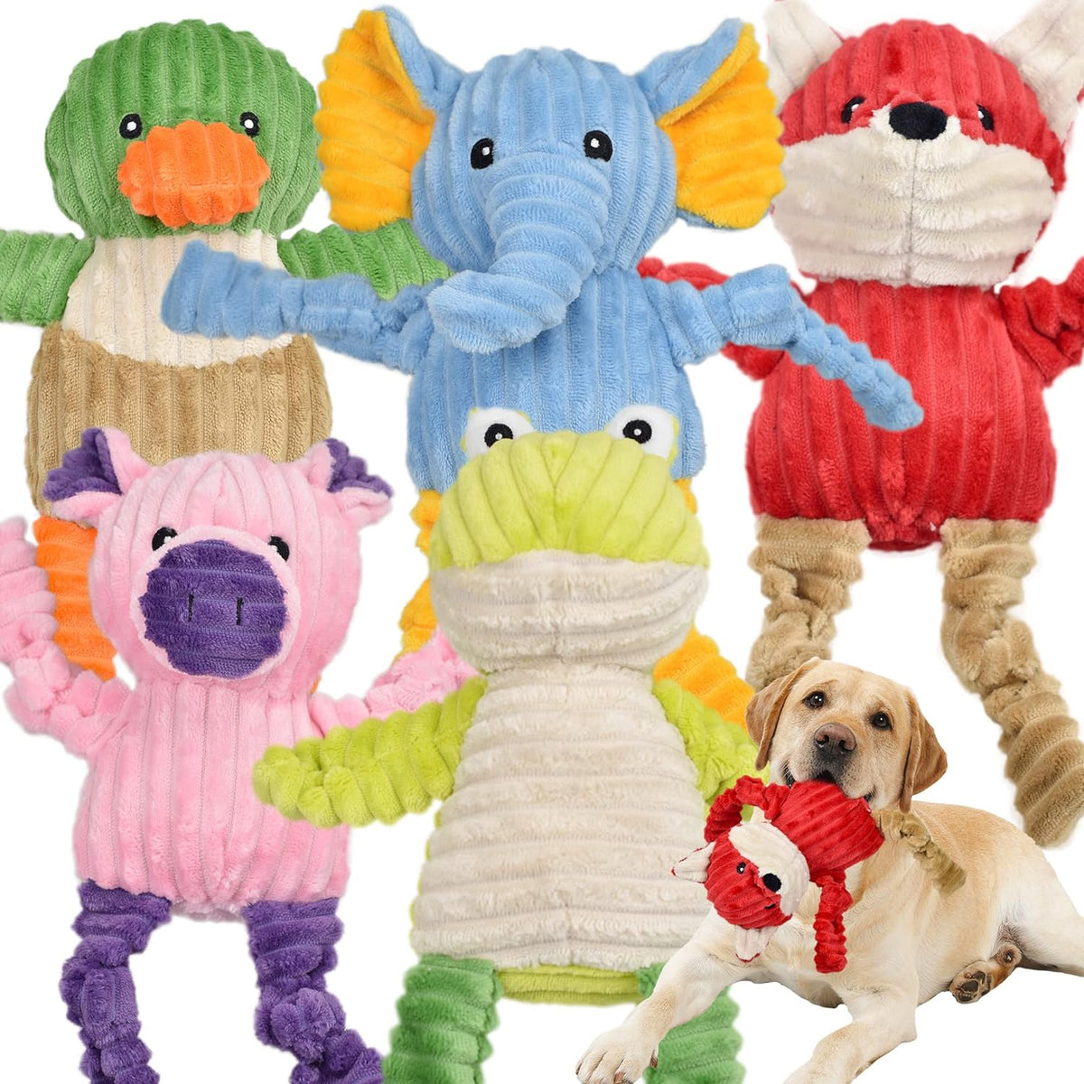 LECHONG Paquete de 5 Juguetes Resistentes para Perros Rellenos Chirriantes Surtido de Juguetes de Peluche de Animales para Perros Paquete de Valor Juguetes para Cachorros y Mascotas para Perros