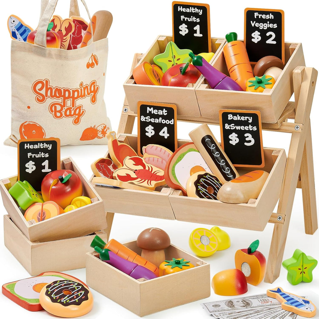 Toyssa Juego de 40 piezas de alimentos de madera con estante de tienda de comestibles y juguetes de corte, accesorios de cocina para niños pequeños, agricultores educativos, regalos de juego de rol para niñas y niños de 3 a 7 años