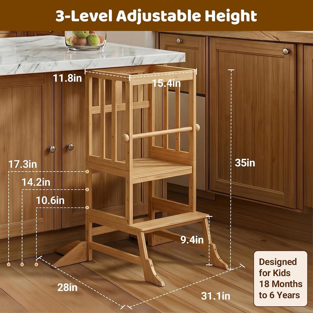 COSYLAND Torre de Pie para Niños Pequeños - Taburete Ayudante de Cocina de Altura Ajustable para Niños Pequeños - Taburete Escalón de Cocina para Niños para Aprender con Barandilla de Seguridad