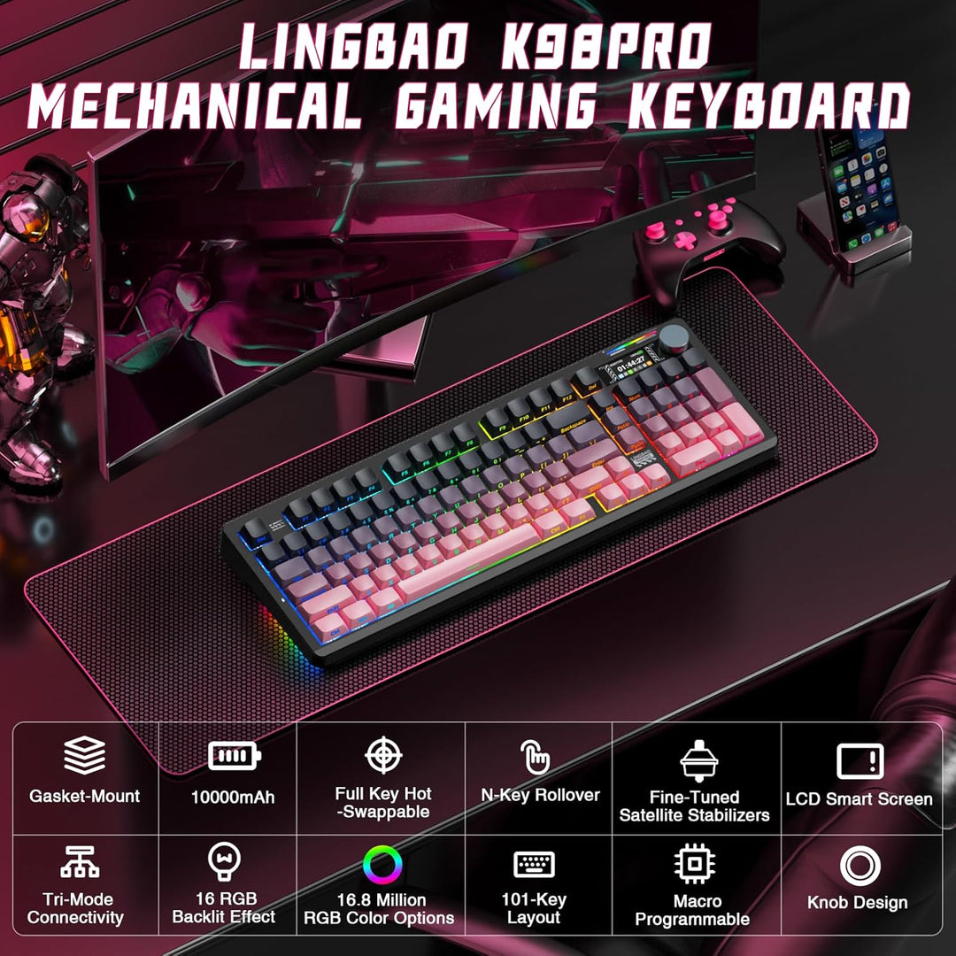 LINGBAO K98 PRO Teclado mecánico inalámbrico, con pantalla y perill...
