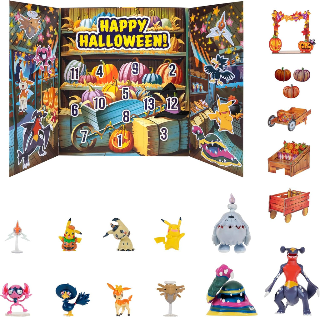 Calendario de Halloween Pokemon 2025 – Calendario con 11 figuras de batalla con acabado especial y cinco accesorios de tablero de fichas