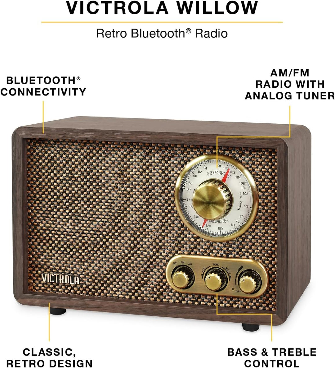 Victrola Willow - Radio Bluetooth de madera retro con altavoces int...
