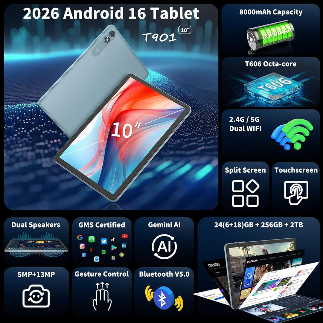Tableta Android 16 mejorada 2026, tableta de 10 pulgadas con teclad...