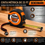 Benchmark - Paquete de 3 - Cinta métrica de 25 pies - Fracciones fáciles de leer a 1/8 de pulgada - Punta magnética - Pulgar y bloqueo rápido - Autowind - Clip para cinturón - Naranja/Rojo
