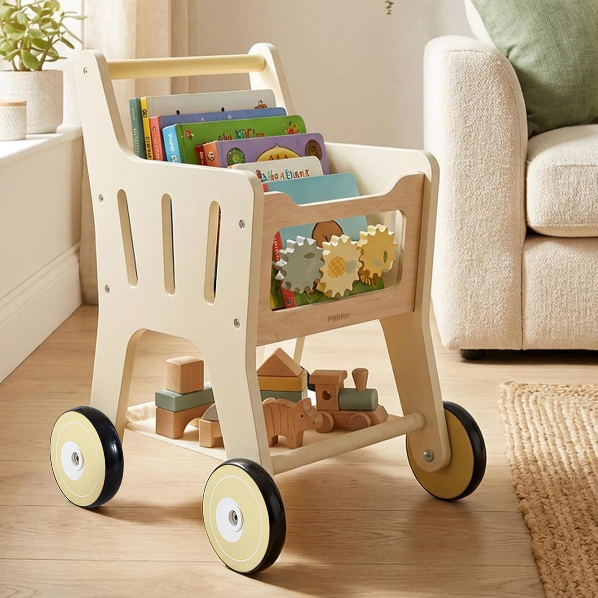 Carrito de compras de madera para niños, 3 en 1 caminante de madera para bebés, cochecito de muñeca de bebé, carrito de compras de juguete para niños pequeños de 1 a 3 años
