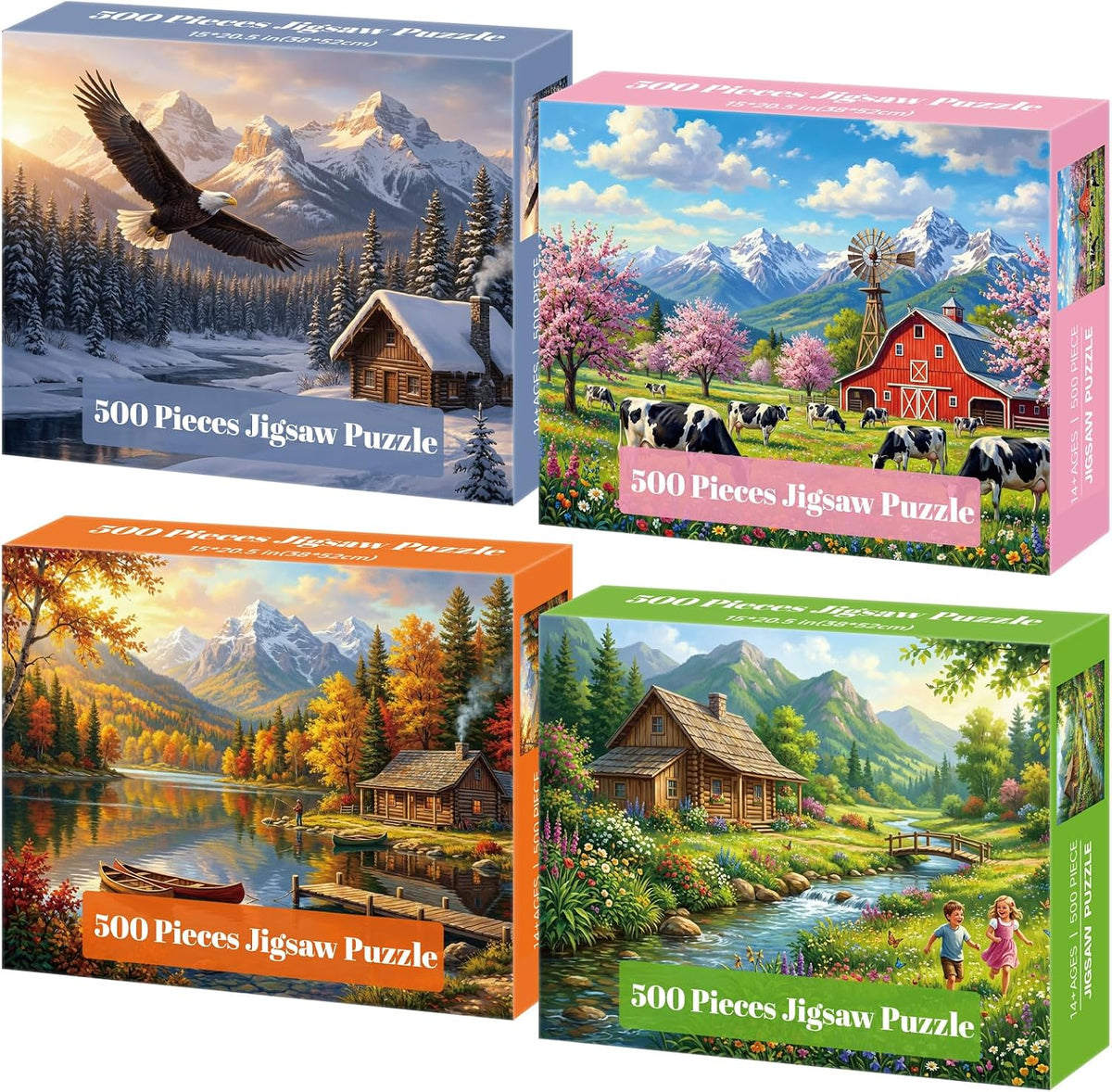 Paquete de 4 rompecabezas de 500 piezas para adultos, rompecabezas de paisaje de cuatro estaciones para adultos, 500 piezas, divertidos rompecabezas desafiantes de 500 piezas para adultos, juego