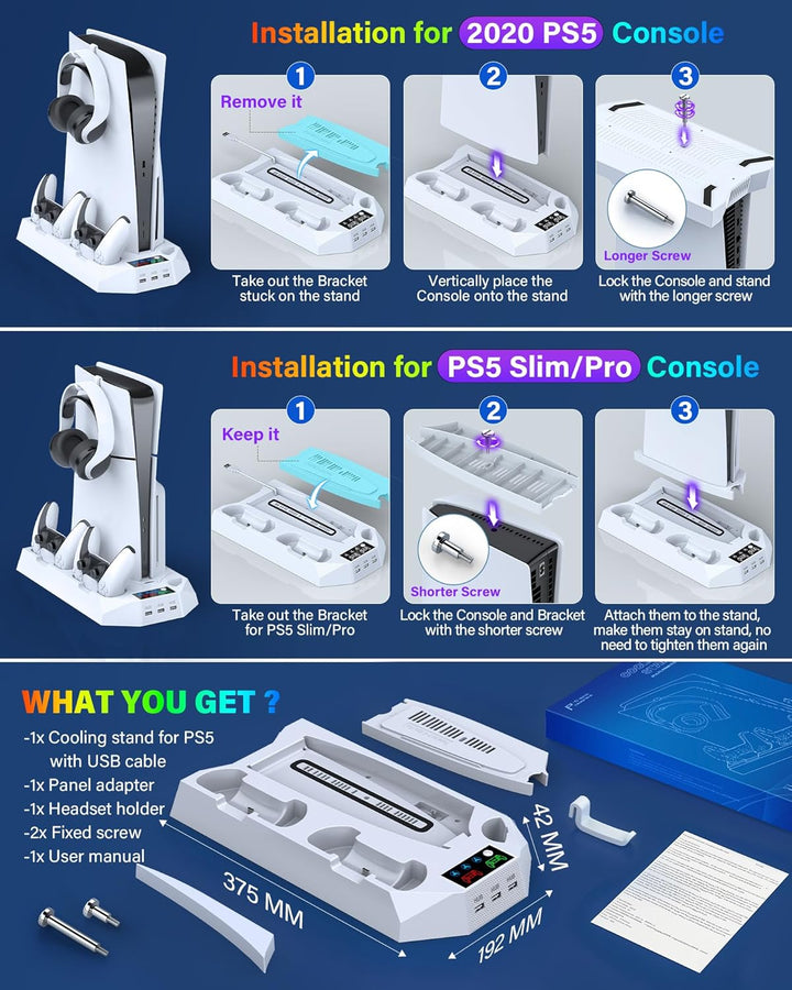 PS5\/PS5 Slim\/PS5 Pro Stand and Cooling Station with Dual Controll...