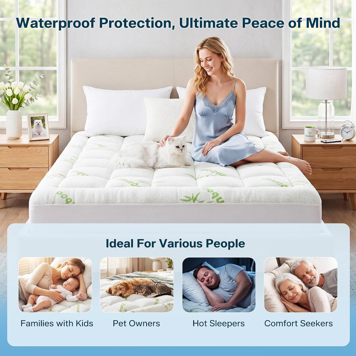 Cubrecolchón impermeable tamaño Queen de viscosa derivada del bambú, protector de colchón extra grueso para dolor de espalda, protector de colchón refrescante con bolsillo profundo de 8 a 21 pulgadas