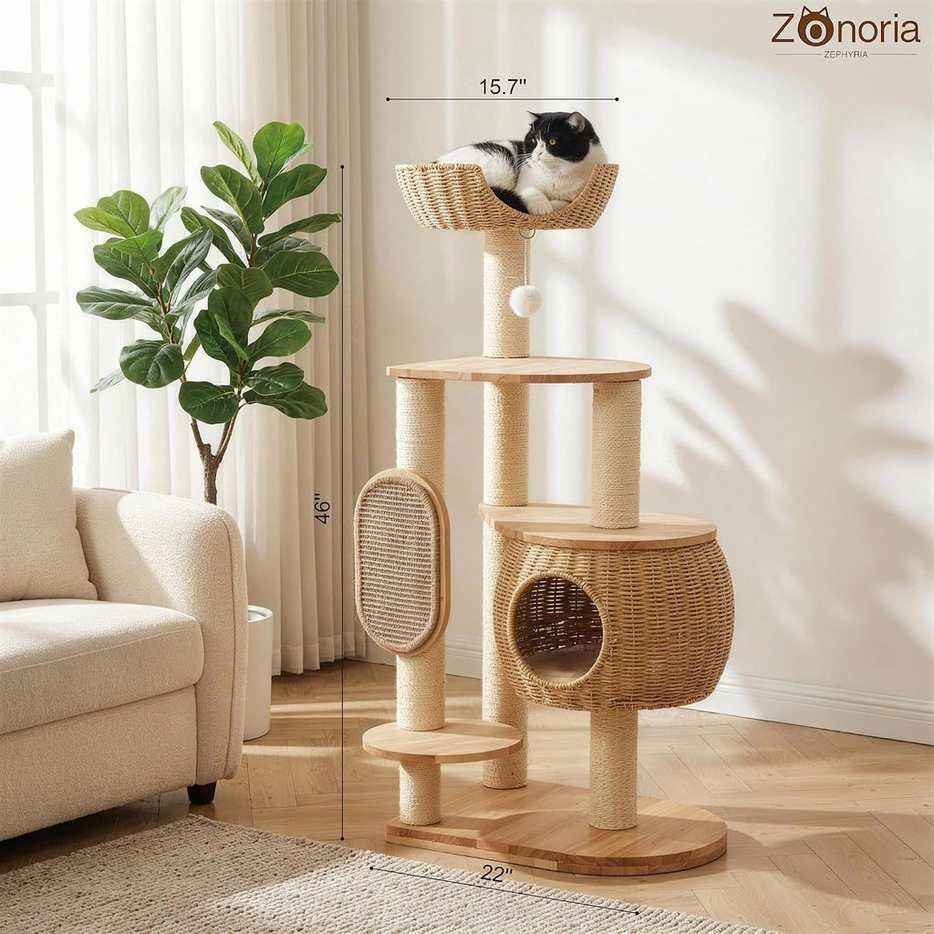 Árbol de gato moderno, torre para gatos con poste rascador, nidos y cestas de calabaza tejidas a mano, manta de sisal