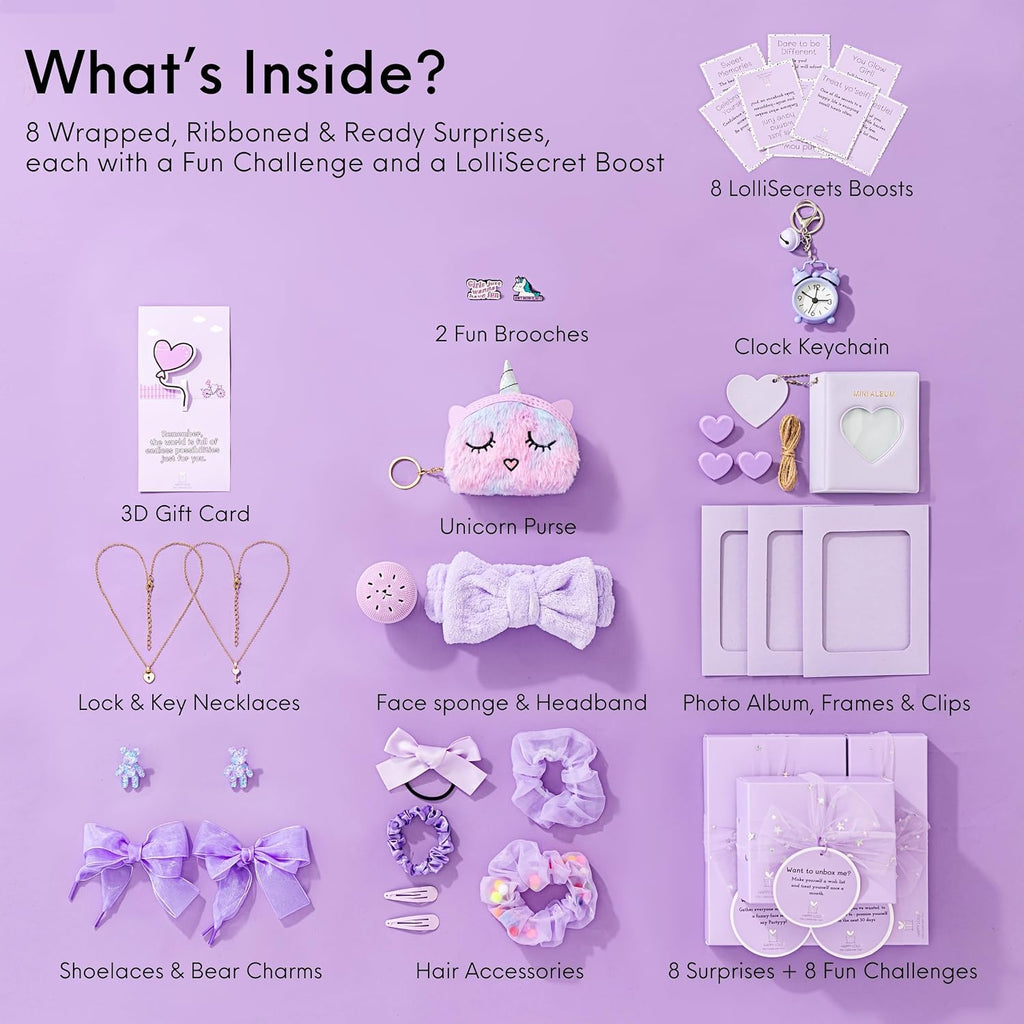 LolliBox Birthday Gift Set para niñasTween y adolescentes de 8–15 años, lista para regalar, 8 regalos envueltos individualmente