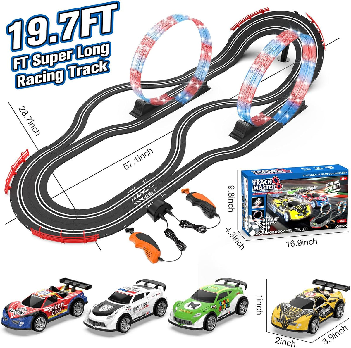 Juegos de carreras 2 en 1 con 4 autos de alta velocidad, pista eléctrica, juego de carreras dual con 2 controladores, diseño de paso elevado circular con pistas flash. Regalo de juguete para niños de 6 a 8 años de 8 a 12 años
