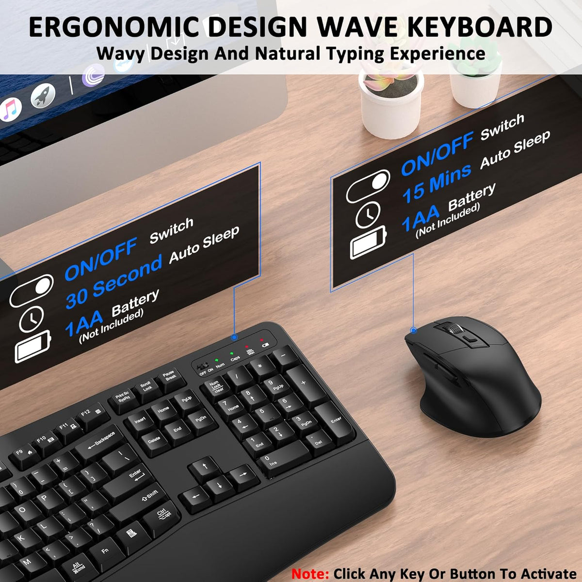 EDJO - Combo de teclado y mouse inalámbricos, teclas onduladas de t...