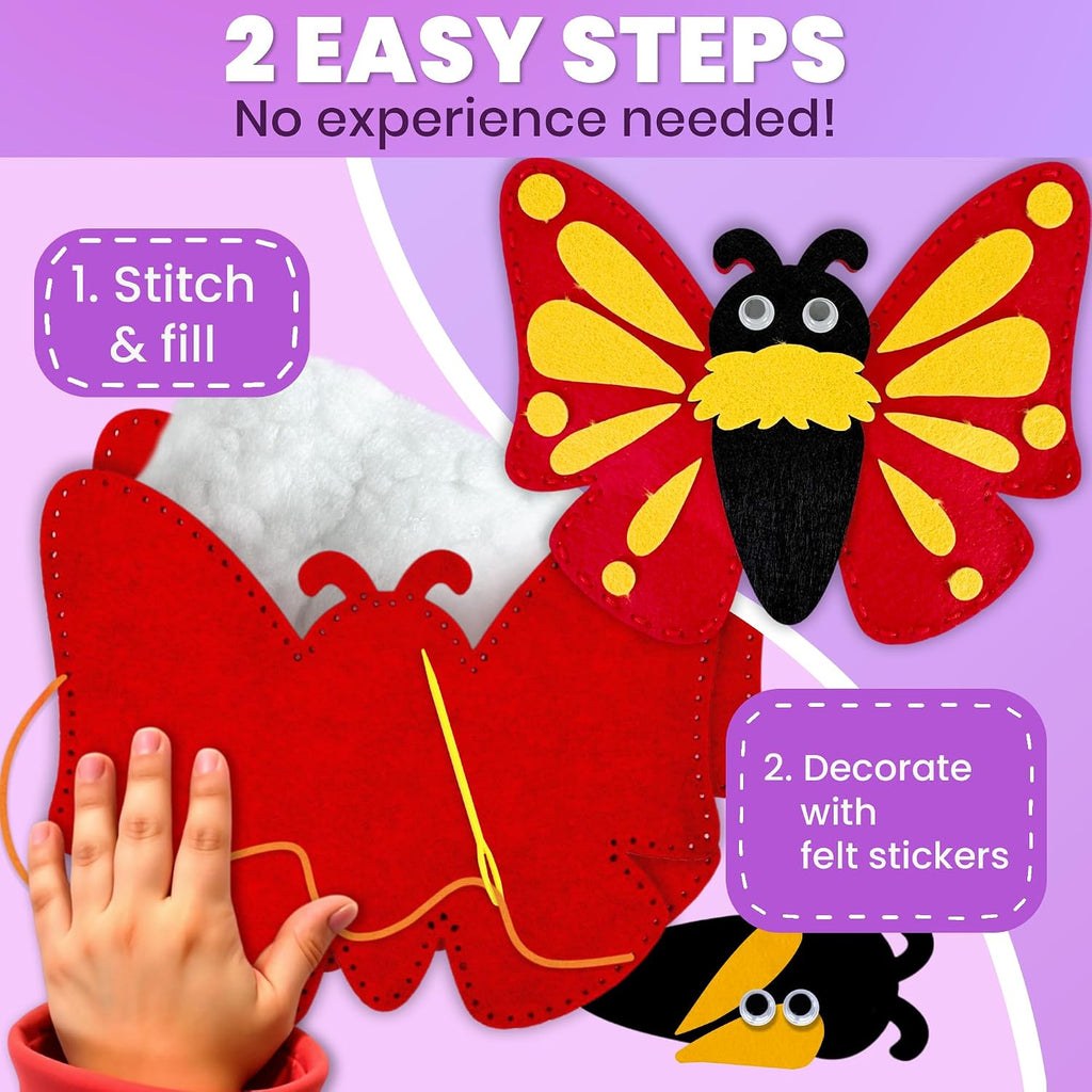 QUOKKA Manualidades para Niños de 4 a 8 años, Kit de Principiante de Costura DIY con Aguja e Hilo - Kit de Costura de 12 Insectos y Bichos Básico - Manualidades Artísticas Divertidas para Niños de 6 a