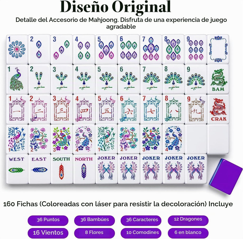 Peacock American Mahjong Set, 160 innovadores azulejos de Mahjong de diseño único, colorido juego de mahjong tallado acrílico de 4 capas