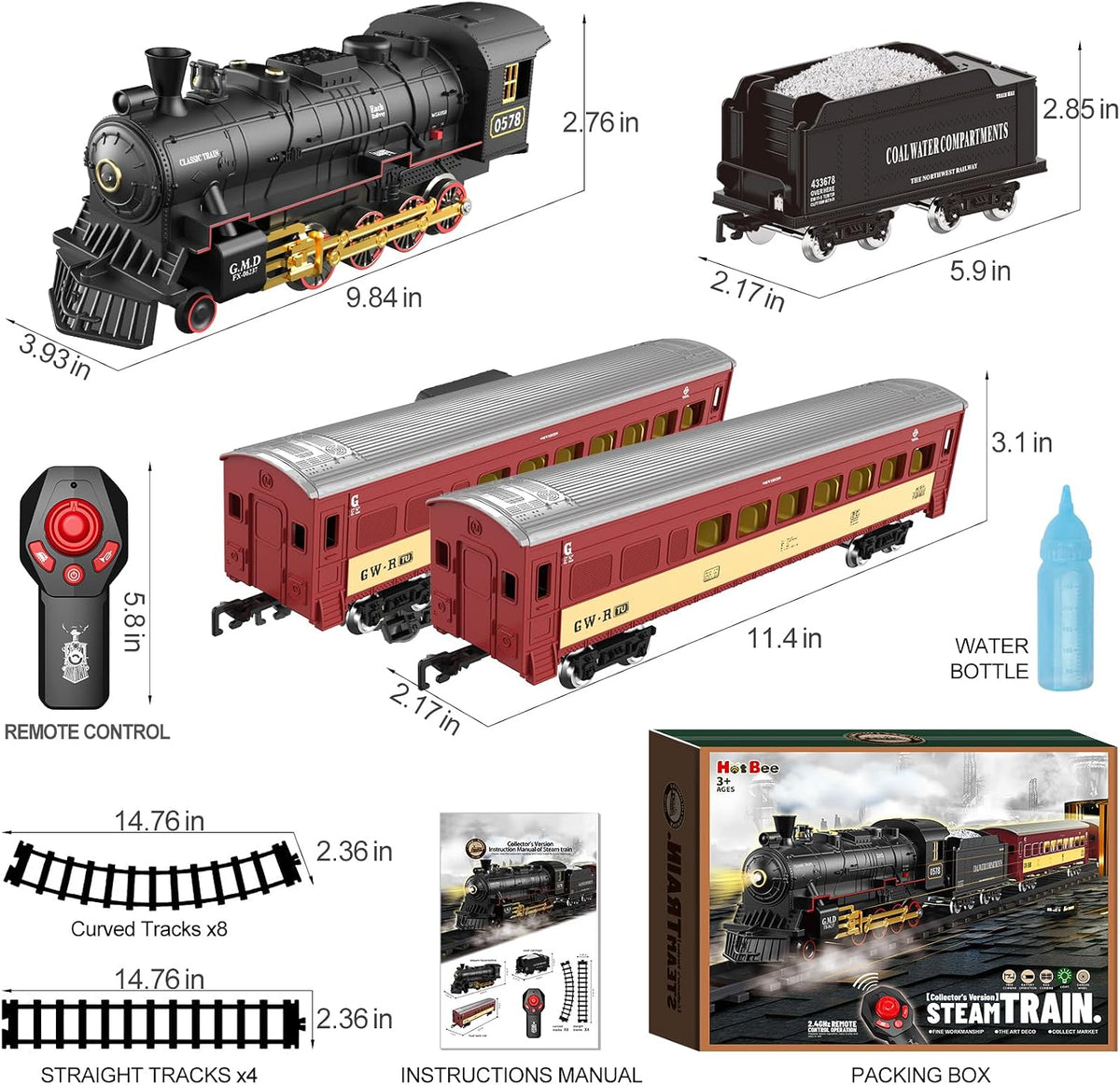 Hot Bee RC Train Set para Kids, Steam Locomotive, Light-Up Cars y Tracks
